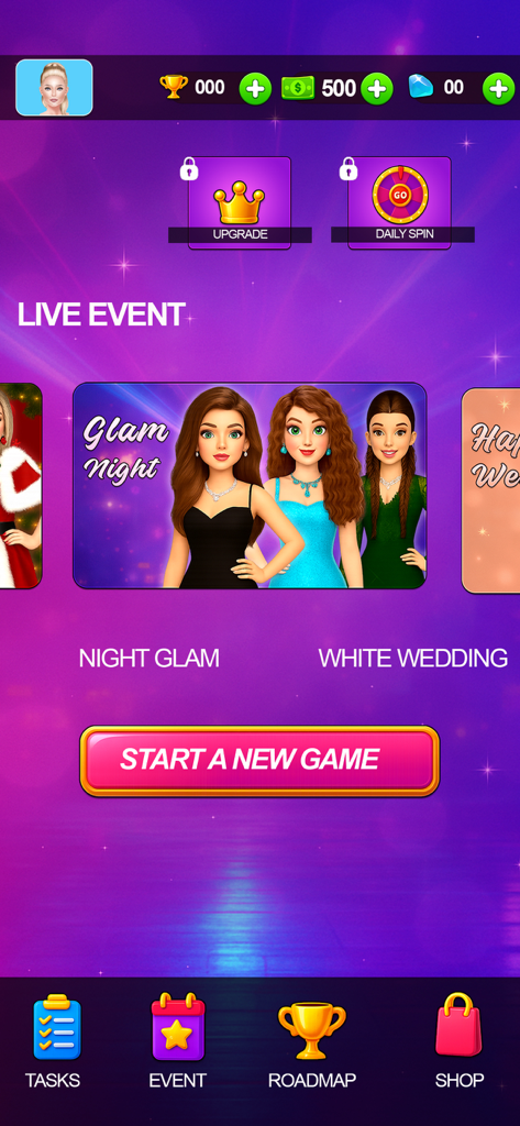 Main menu screen of the Makeover Dress Up Girls Game featuring live fashion event options and a start game button.