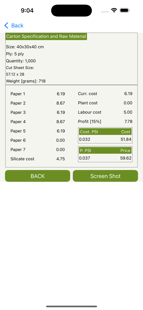 Carton specification and raw material costing breakdown