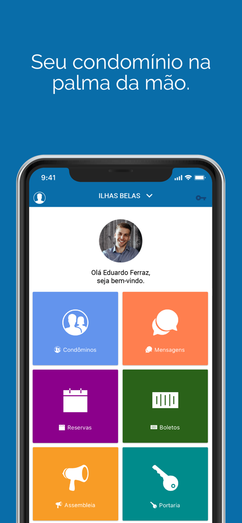 Panel de control móvil de la app D. Ramos Administradora con iconos para mensajes, pagos y gestión comunitaria.
