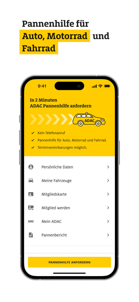 Interface da app ADAC Pannenhilfe a mostrar o ecrã de pedido de assistência para carros, motos e bicicletas com um botão para pedir ajuda.