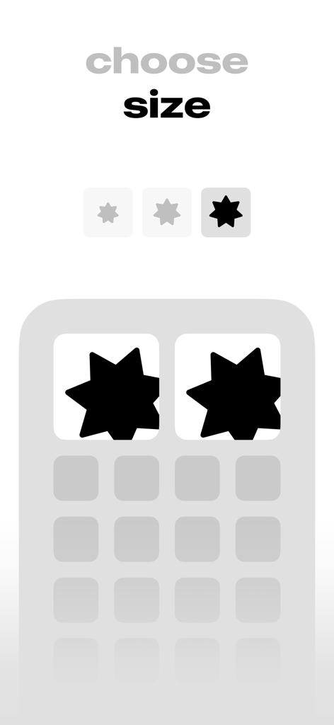 Interface pour sélectionner la taille du widget des yeux ludiques veyebes sur une maquette d'écran d'accueil d'iPhone