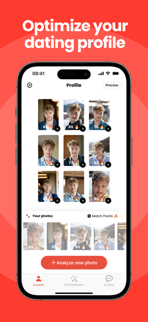 RARE: AI Dating Assistant - Mobile app interface showing AI photo analysis and match points for dating profile optimization