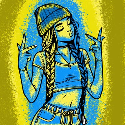 realistic teenage girl with braids and a beanie and crop top doing 🫶🏼