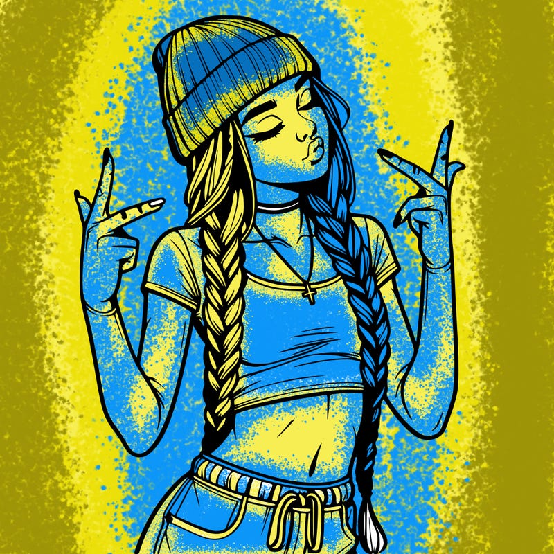 realistic teenage girl with braids and a beanie and crop top doing 🫶🏼