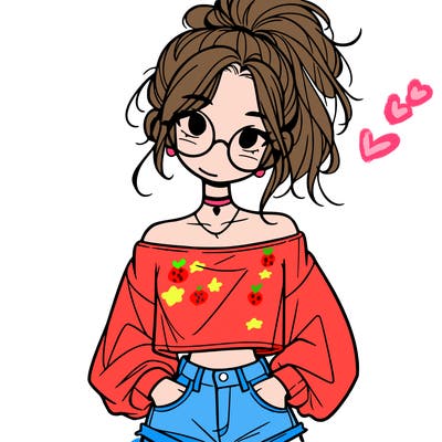 girl with a messy ponytail glasses a baggy crop top and jean shorts