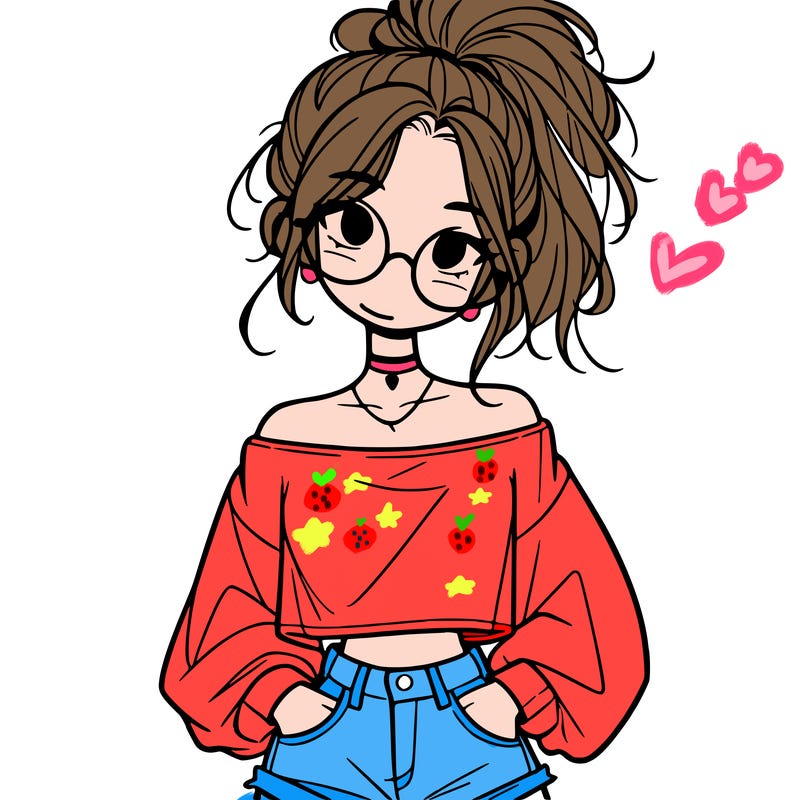 girl with a messy ponytail glasses a baggy crop top and jean shorts