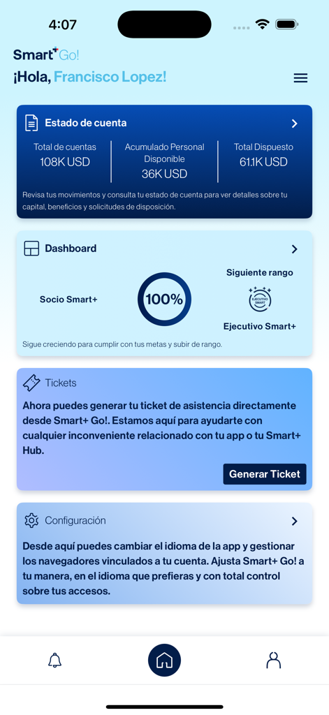 Smart+ Go - Smart Plus Go mobile app home screen showing account balances and user progress dashboard.