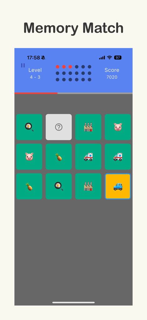 Brain Sharp: Memory & Math - Pantalla del juego de memoria de Brain Sharp con varias fichas de iconos para entrenamiento mental