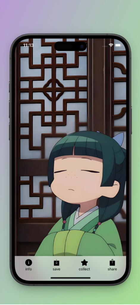 Interface de l'application wallhaven Pro affichant un fond d'écran anime 4K de haute qualité avec des options pour enregistrer et collectionner.