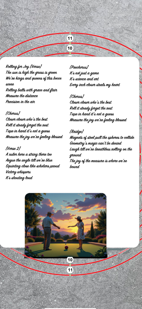 Bocce Target - Interface of the Bocce Target app displaying red concentric measurement circles and a song titled Rolling for Joy.