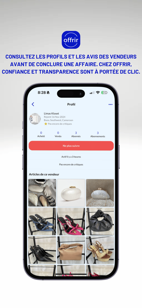 Offrir - Achetez,Vendez,Louez - 판매 중인 신발과 핸드백 컬렉션을 보여주는 Offrir 앱의 판매자 프로필.
