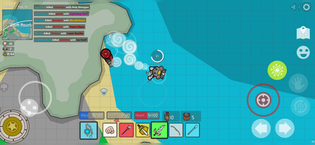 Top down 2D gameplay of Thelast io Battle Royale showing a character and inventory