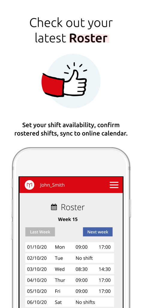 Microkeeper app interface showing a weekly work roster with shift times and dates for an employee
