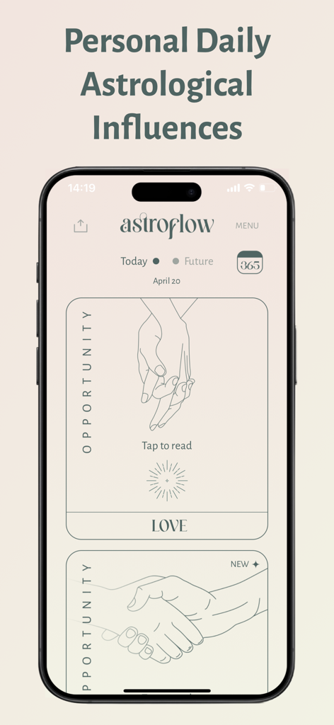 Astroflow app interface displaying daily astrological influences and a love opportunity card with minimalist line art.