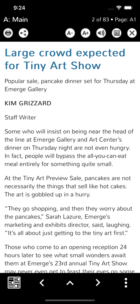 Reflector NC - Article view in the Reflector NC app featuring local news about a Tiny Art Show.