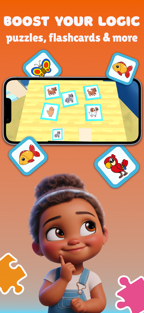 A young girl thinking while playing a logic and animal flashcard matching game on a smartphone.