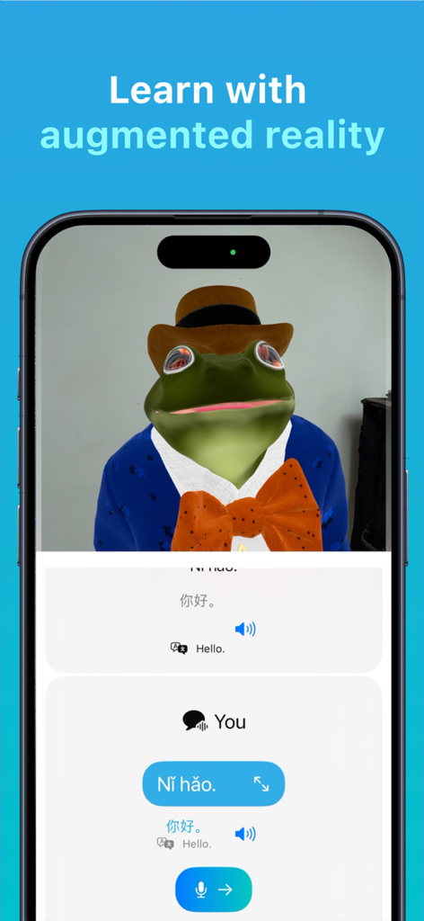 ARLingo: Language Immersion - ARLingo app interface showing an animated frog character for immersive language learning in augmented reality
