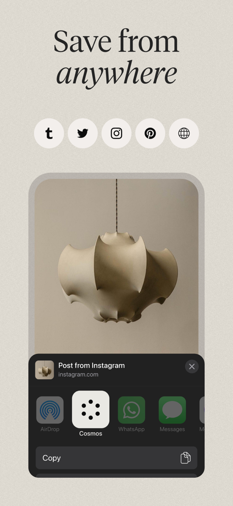 Cosmos: Search & Discover - Interface showing how to save an Instagram post directly to the Cosmos app using the mobile share sheet.