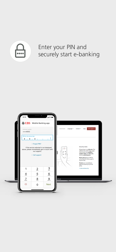 UBS Access – secure login - Un smartphone affichant un écran de saisie de code PIN pour UBS Access à côté d'un ordinateur portable montrant le portail de connexion e-banking