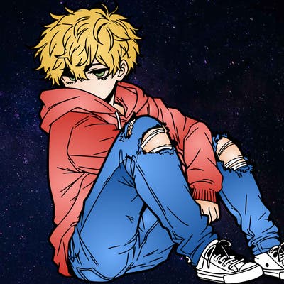 a male hoddie ripped jeans messy hair anime