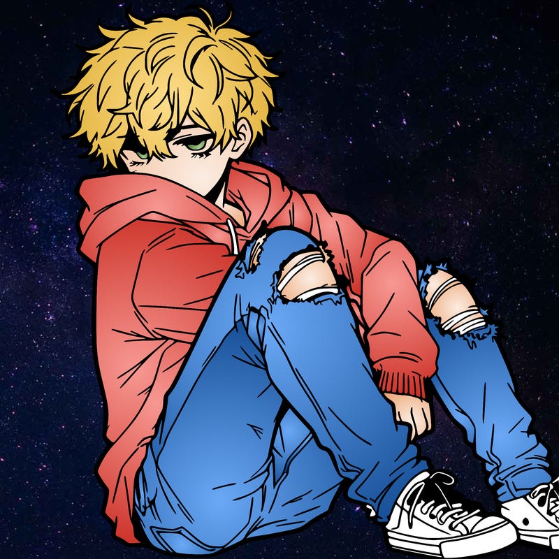 a male hoddie ripped jeans messy hair anime