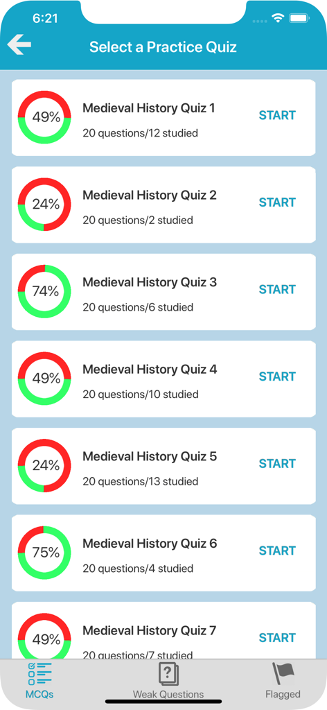 중세사 퀴즈 앱 화면, 진행 상황 추적 백분율이 있는 연습 퀴즈 목록 표시