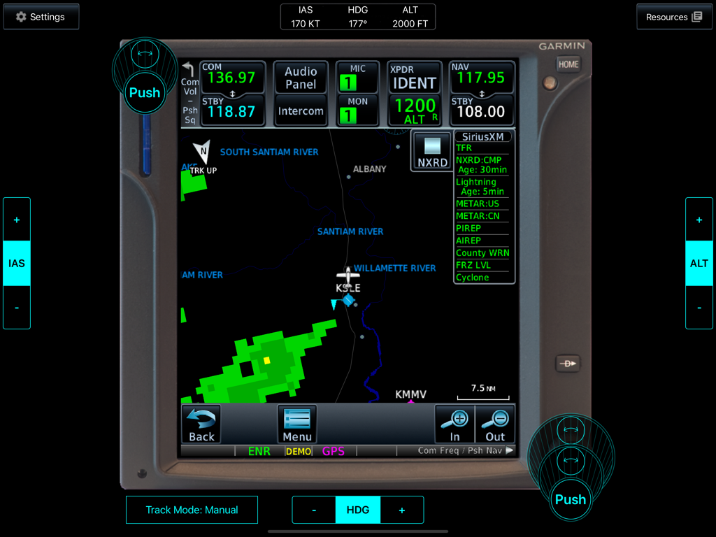 A digital simulation of a Garmin GTN 750 cockpit unit displaying a moving map and flight instruments