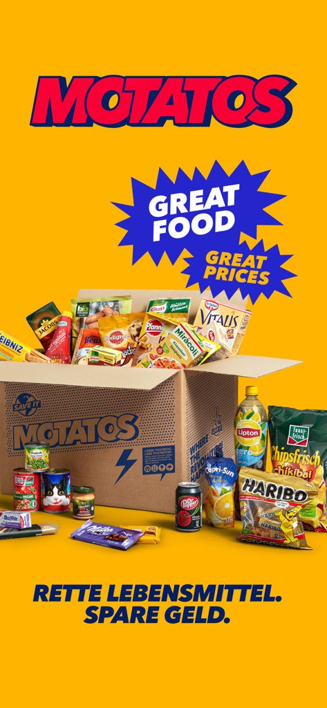 Motatos app display showing a delivery box full of branded groceries and snacks with slogans about saving food and money