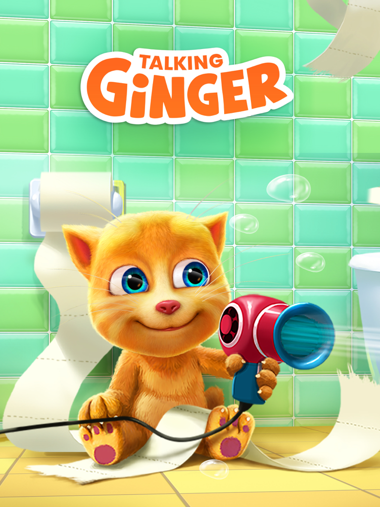 Talking Ginger for iPad - Talking Ginger the orange kitten holding a hairdryer in a bathroom with bubbles and toilet paper