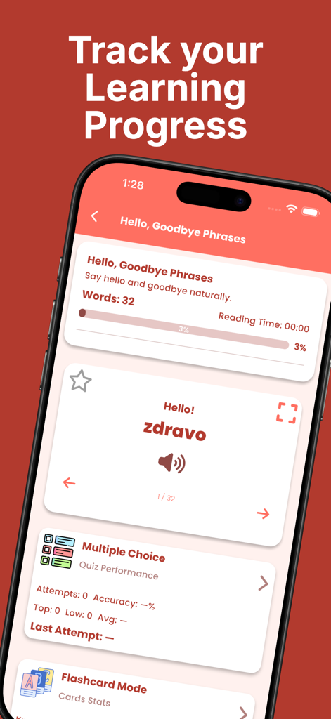Learn Slovenian - Pantalla de la aplicación móvil que muestra el aprendizaje de frases en esloveno y el seguimiento del progreso