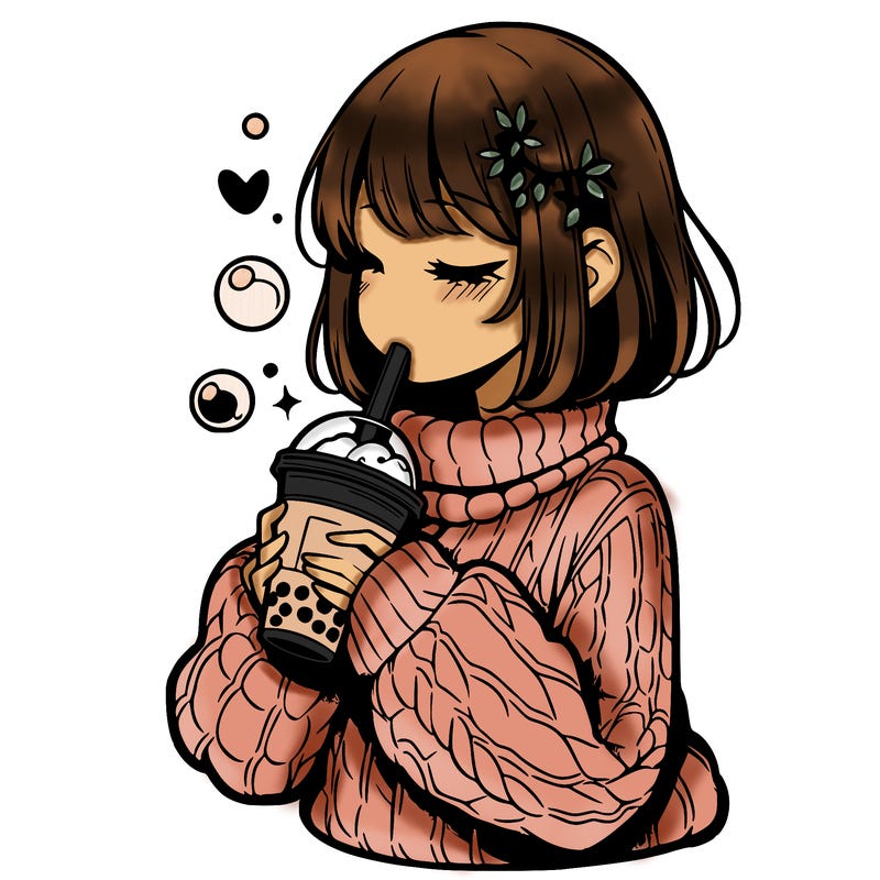 manga girl drinking boba in cozy sweater