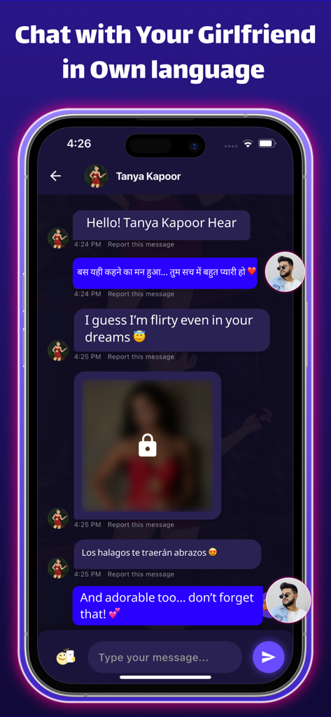 Screenshot der Love Chat with AI Girlfriend App, der ein Gespräch in mehreren Sprachen und eine gesperrte Fotofunktion zeigt.