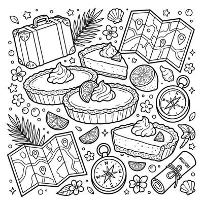 Embark on a delicious journey with this Key Lime Pies and Vacation coloring page, perfect for a relaxing artistic escape. Dive into a world of tangy treats and travel dreams, ready for your creative touch.