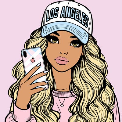realistic beautiful girl wearing los ángeles cap holding an iphone