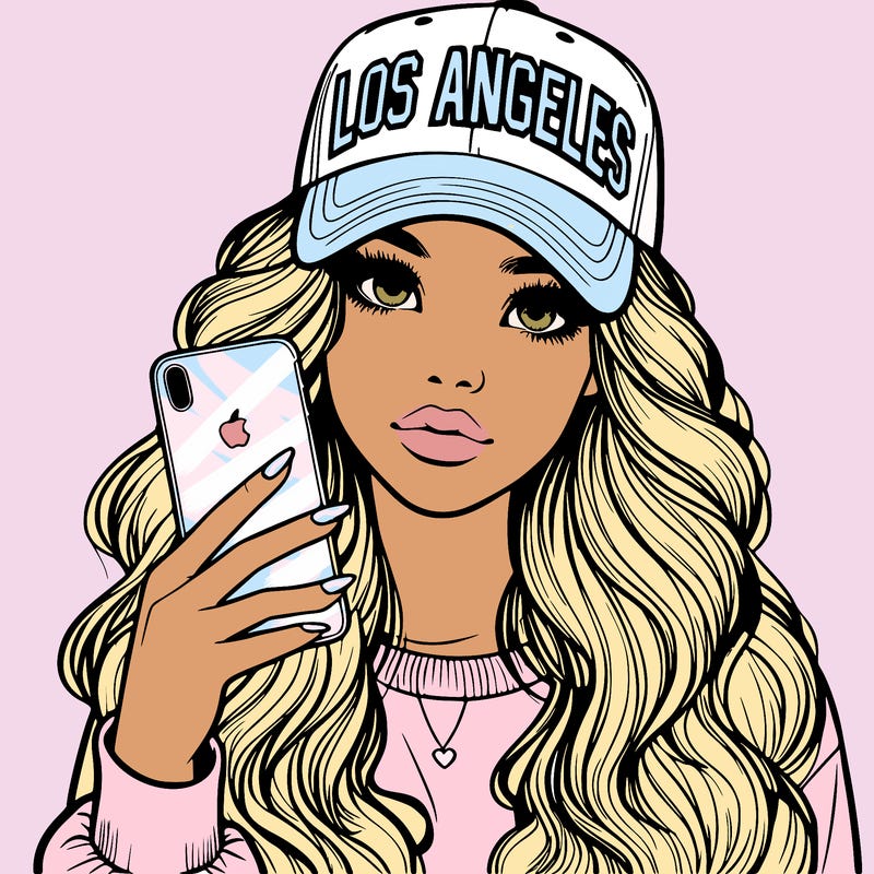 realistic beautiful girl wearing los ángeles cap holding an iphone