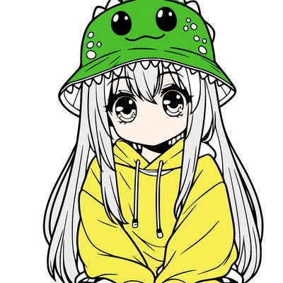 girl with anime shaped eyes with a dinosaur bucket hat oversized sweatshirt long straight hair