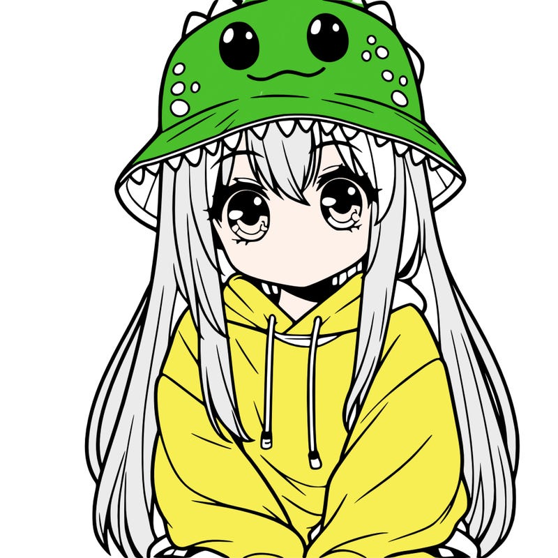 girl with anime shaped eyes with a dinosaur bucket hat oversized sweatshirt long straight hair