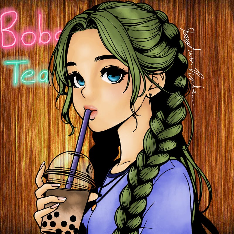 realistic girl with braided hair drinking boba