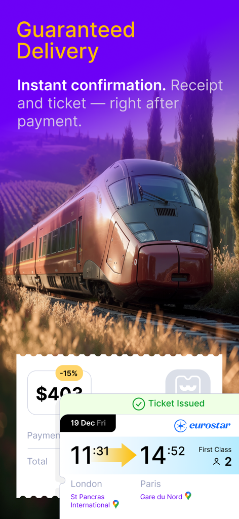 Rail Monsters: Train Tickets - Rail Monsters app interface showing instant ticket confirmation for a Eurostar journey between London and Paris