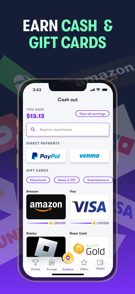 Copper app cash out screen showing options for PayPal Venmo and gift cards like Amazon and Visa