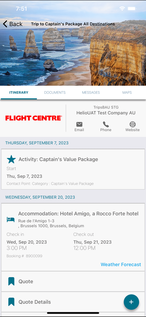 Travel Managers New Zealand - Mobile app screen showing a detailed travel itinerary with hotel bookings and activity information