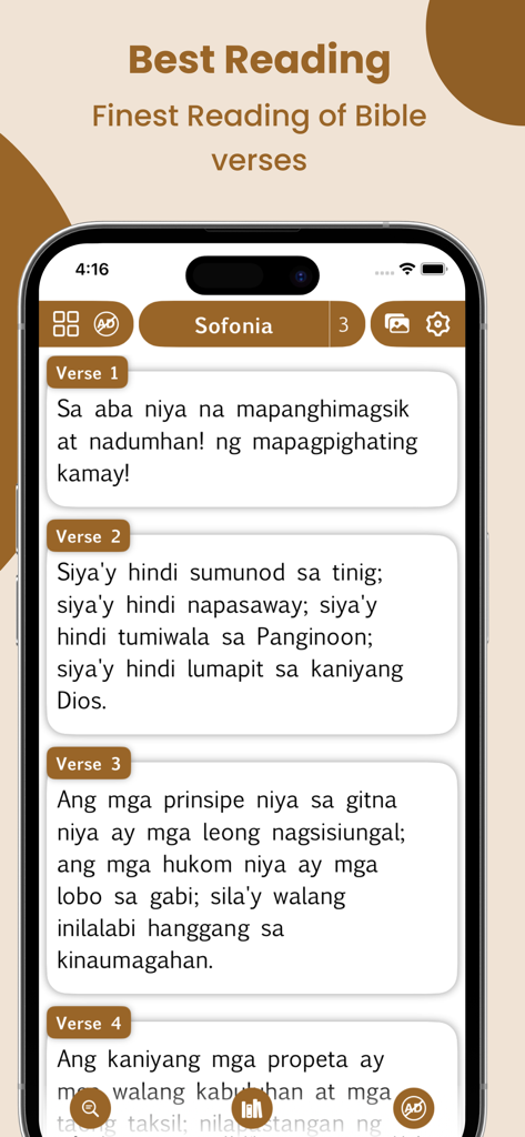 Mobile interface of the Magandang Balita Bibliya app showing Bible verses in Filipino from the book of Sofonia.