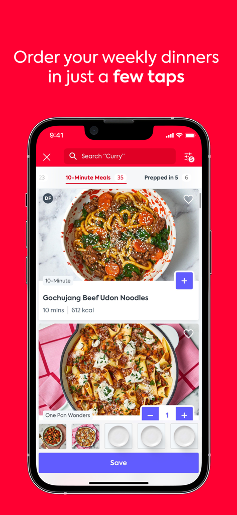 Gousto - Interface da aplicação móvel Gousto mostrando várias opções de receitas como Gochujang Beef Udon Noodles para pedidos rápidos de refeições semanais