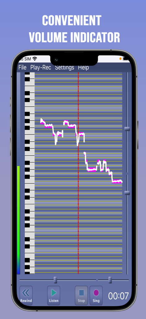 Singing Tutor - Interfaz de Tutor de Canto que muestra un indicador de volumen en tiempo real y un gráfico de análisis de afinación.
