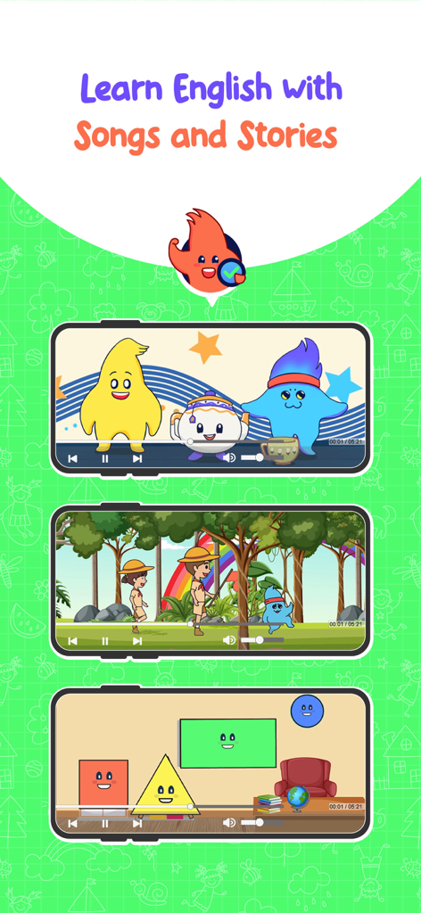 Educational screen from Little Stars app featuring English learning through songs and stories with cartoon characters