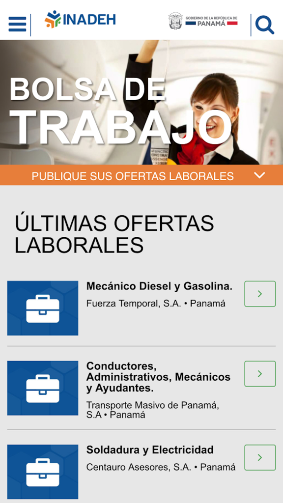 INADEH - INADEH app screen showing a job board with latest vocational employment listings in Panama