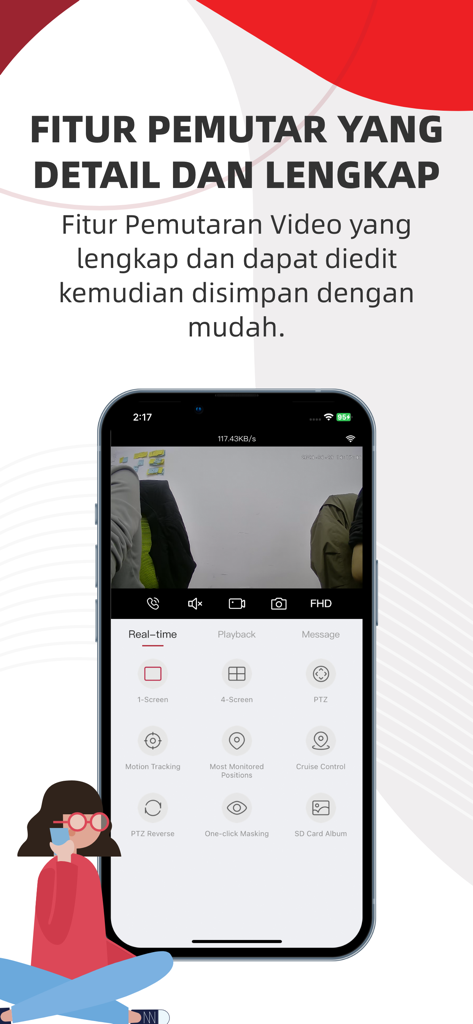 Interfaz de la aplicación móvil PROVIEW CCTV que muestra una transmisión de video en tiempo real con opciones de reproducción y control de cámara.