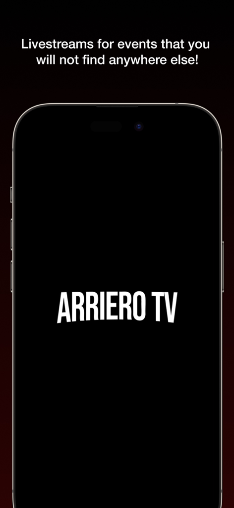 ArrieroTV - 독점 이벤트 라이브 스트림에 대한 텍스트가 포함된 스마트폰 화면에 ArrieroTV 앱 로고