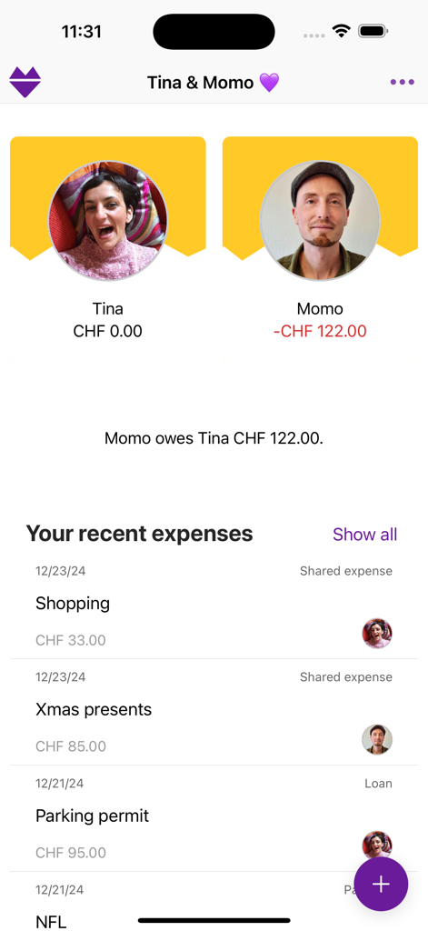 Couple-Budget - Un écran d'application mobile montrant les dépenses partagées et le solde actuel entre deux partenaires.