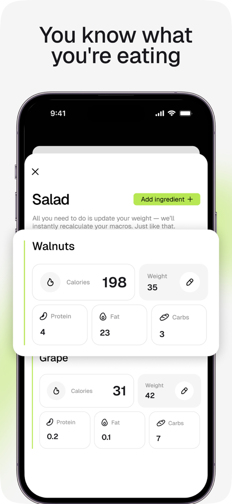 Calori — Calorie Counter, Diet - Desglose detallado de calorías y macronutrientes para ingredientes de alimentos en la aplicación Calori.